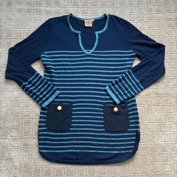 Tory Burch Wool Cashmere Sweater Women's L Striped Knit Tunic Navy Blue Preppy - Picture 2 of 10